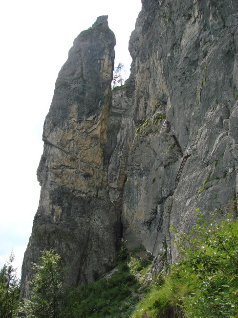 Kalk-Felsnadel beim Einstieg des Klettersteig Pinut oberhalb Fidaz (Flims)